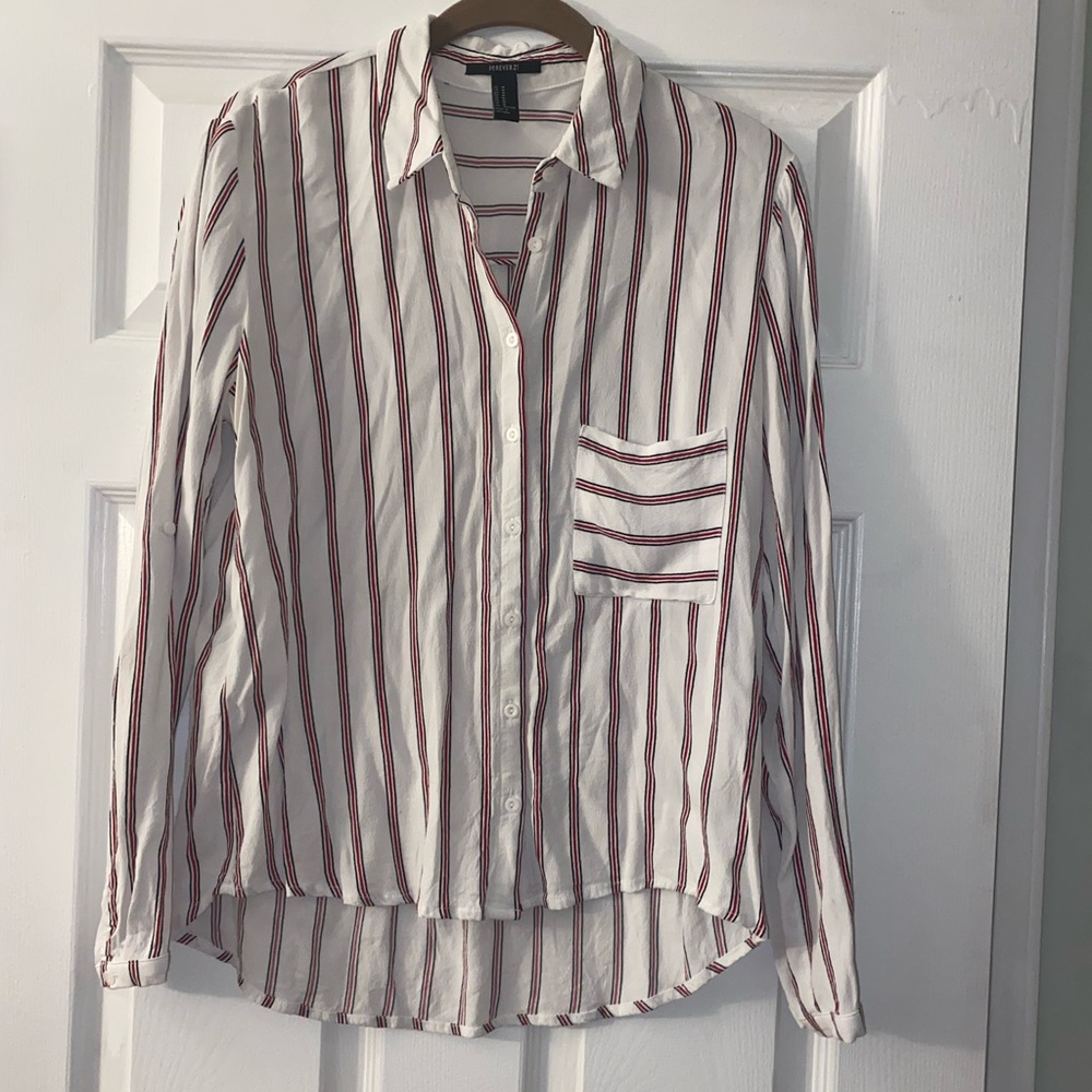 Pinstripe red and black white button down collar shirt long sleeve blouse